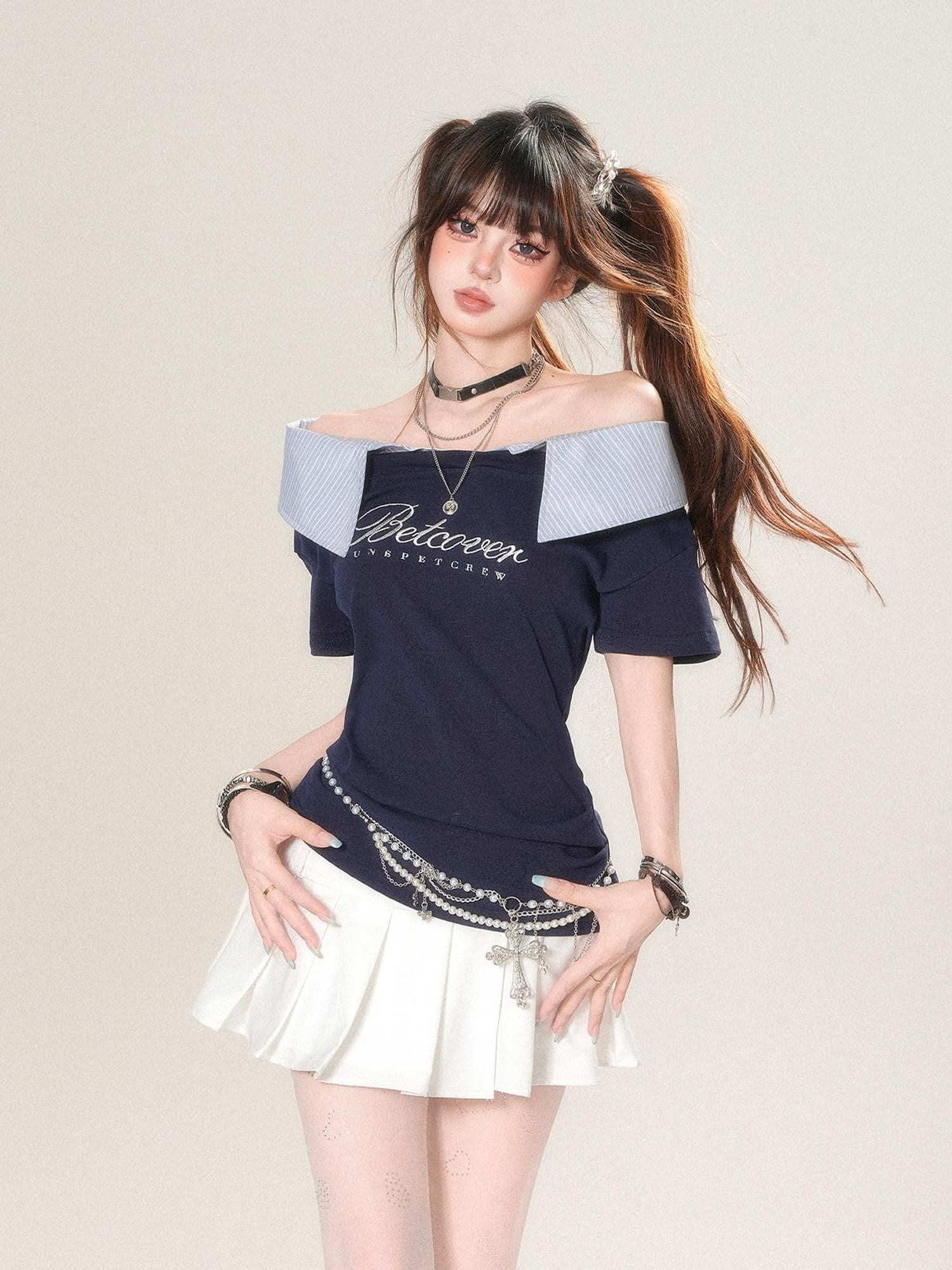 kelly kitty Soft White Striped Patchwork Waist Cinch Women&