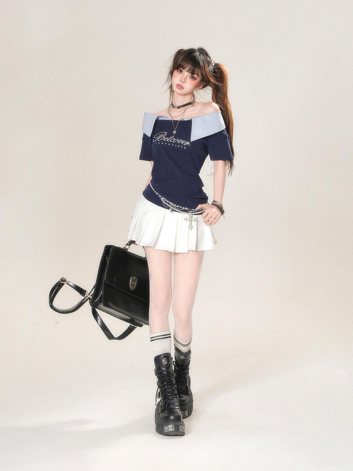 kelly kitty Soft White Striped Patchwork Waist Cinch Women&