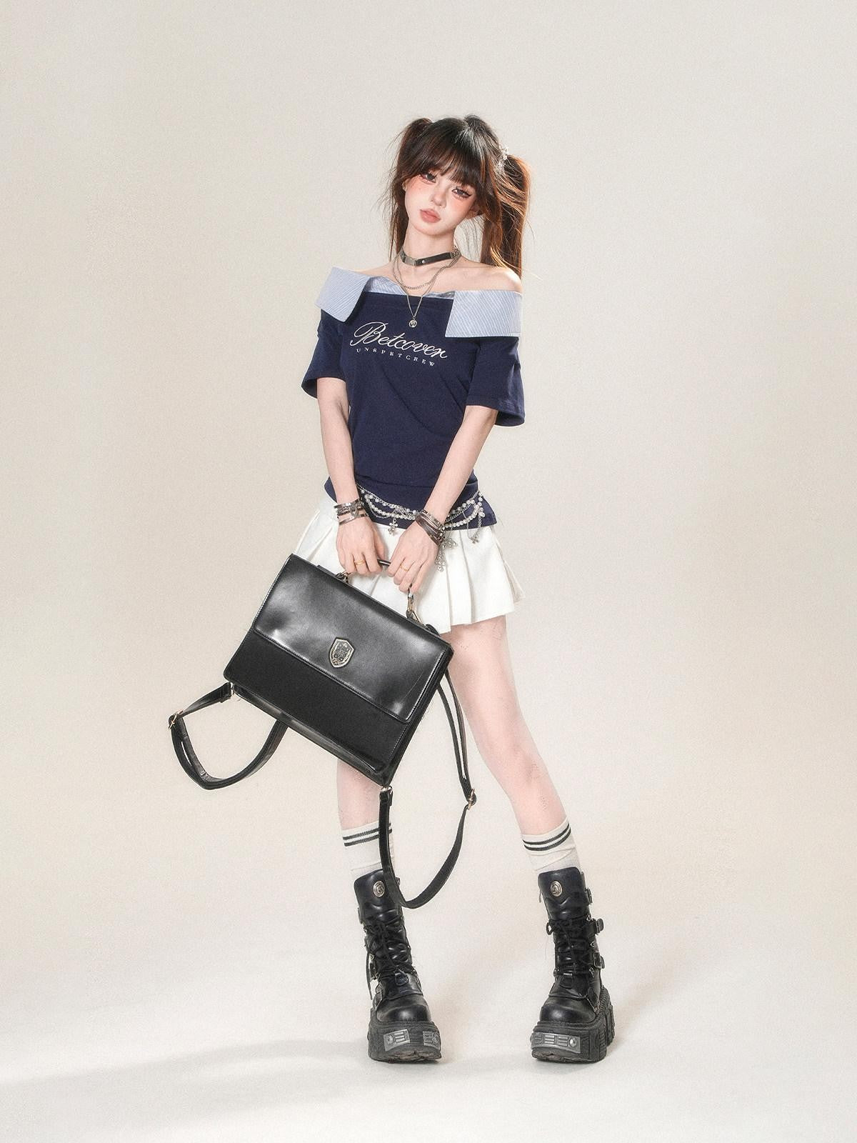 kelly kitty Soft White Striped Patchwork Waist Cinch Women&