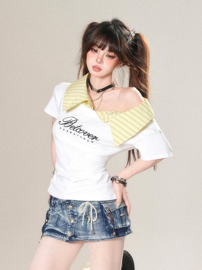 kelly kitty Soft White Striped Patchwork Waist Cinch Women&