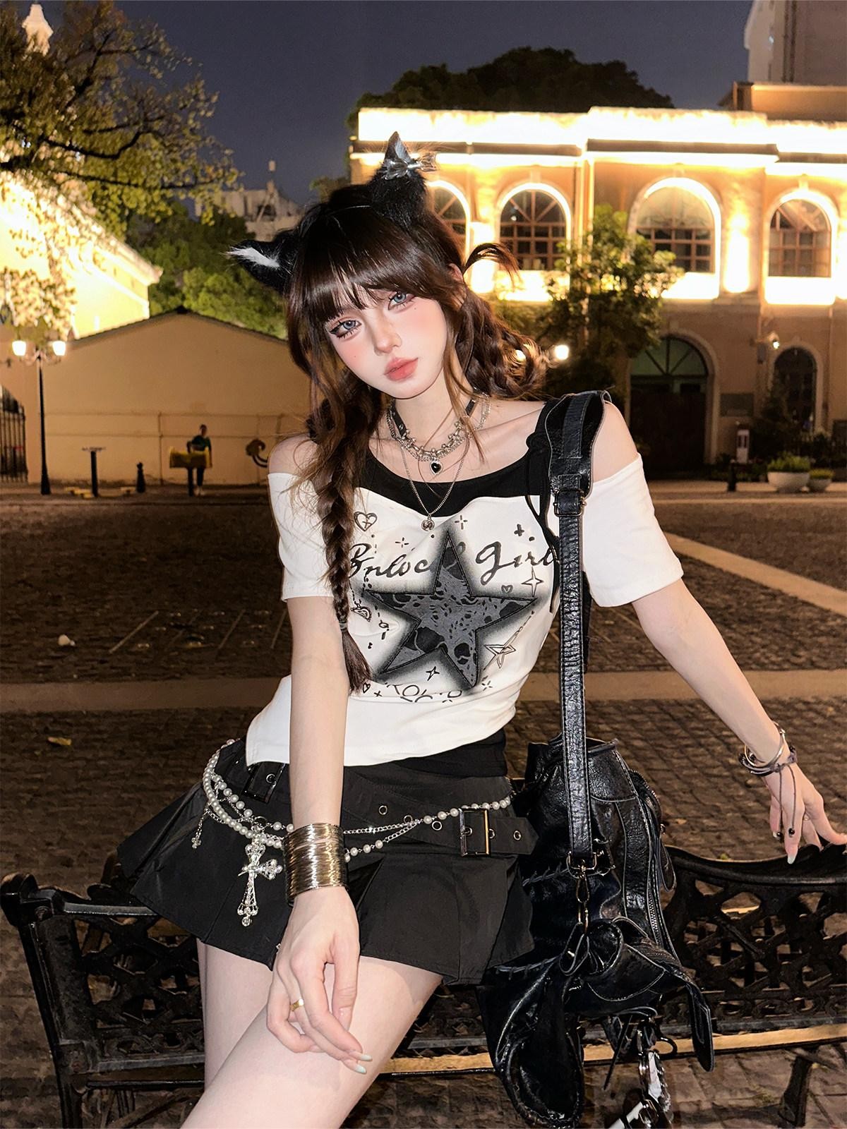 kelly kitty Starry Galaxy Faux Two Piece Slim Short Sleeve Women&
