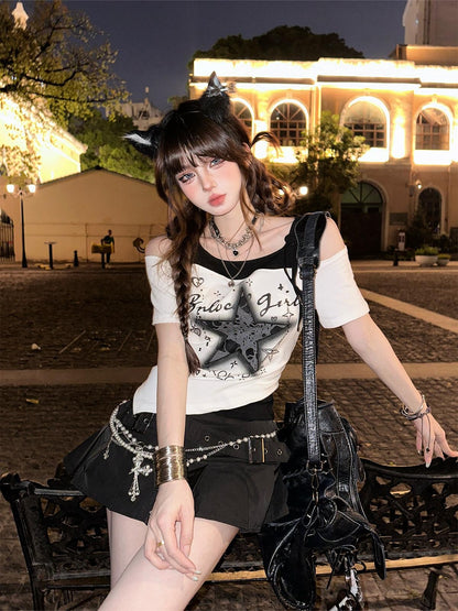 kelly kitty Starry Galaxy Faux Two Piece Slim Short Sleeve Women&