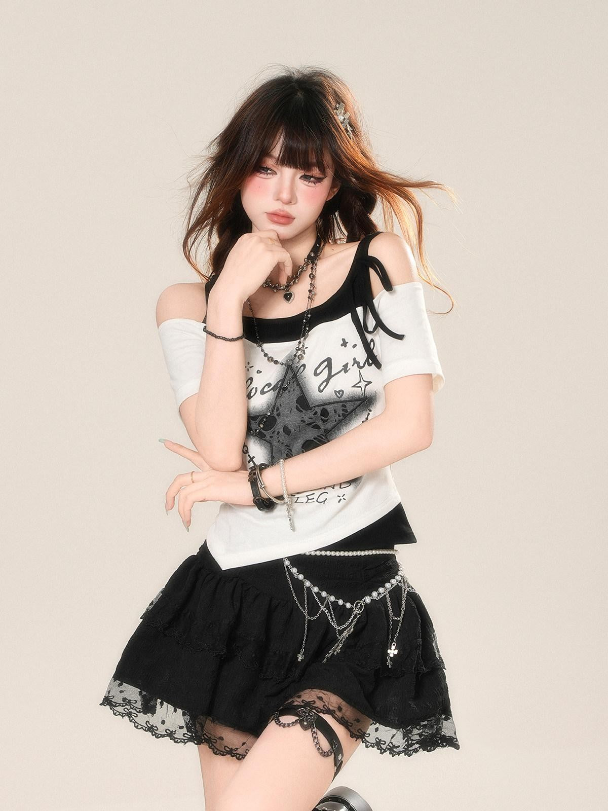 kelly kitty Starry Galaxy Faux Two Piece Slim Short Sleeve Women&