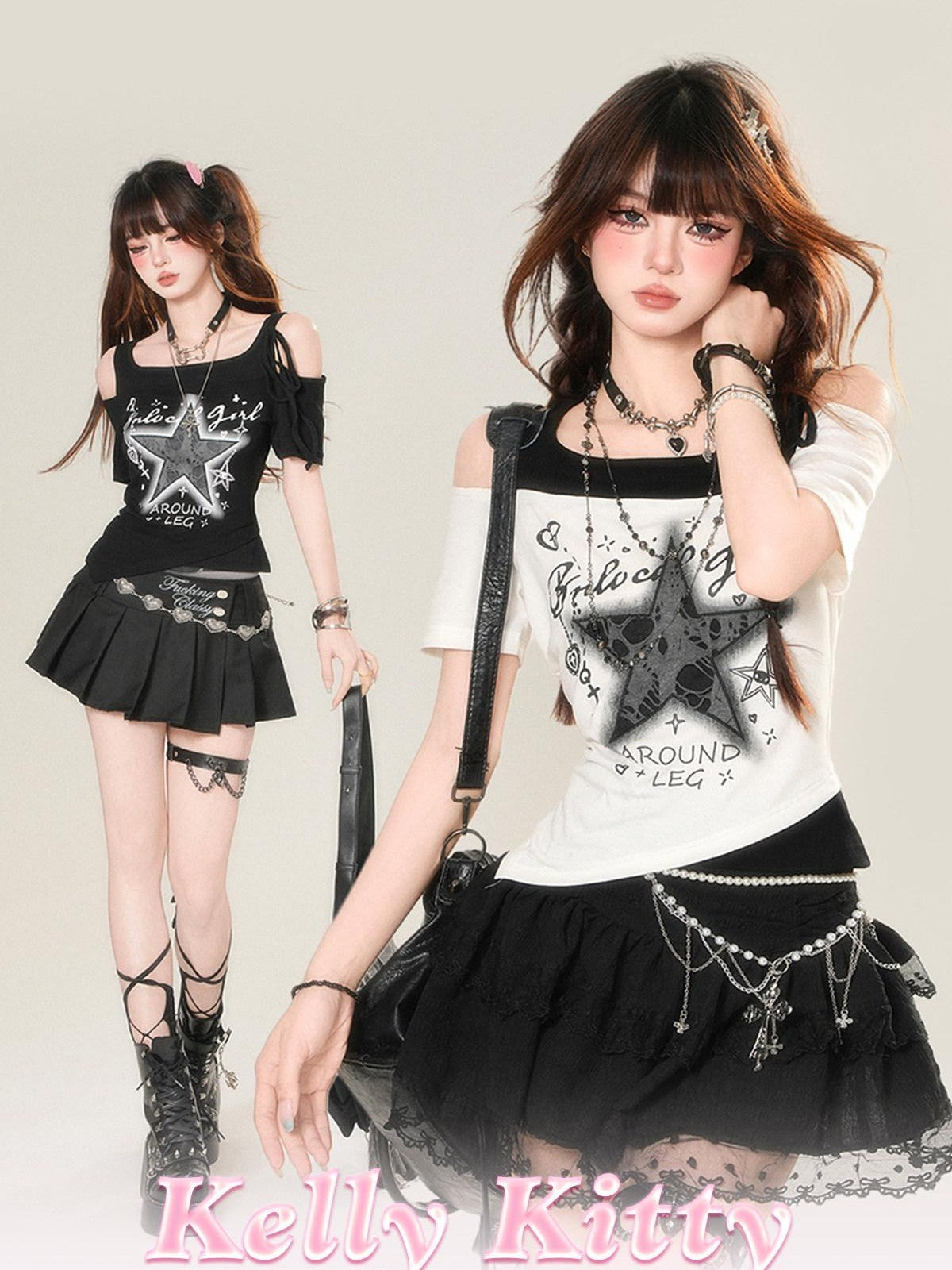 kelly kitty Starry Galaxy Faux Two Piece Slim Short Sleeve Women&