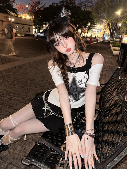 kelly kitty Starry Galaxy Faux Two Piece Slim Short Sleeve Women&