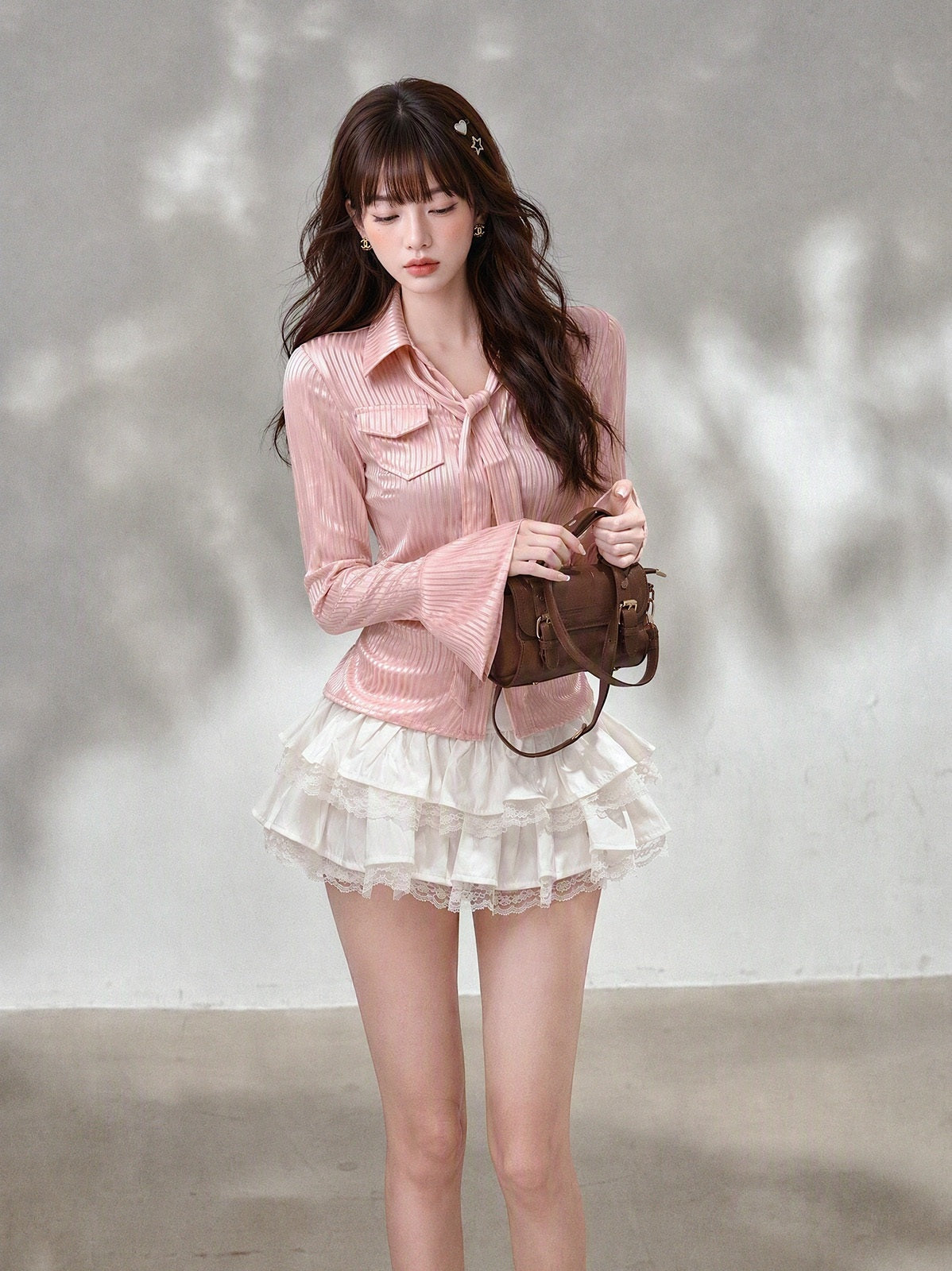 kelly_kitty_Striped_Satin_Polo_Collar_Bell_Sleeve_Slim_Women&