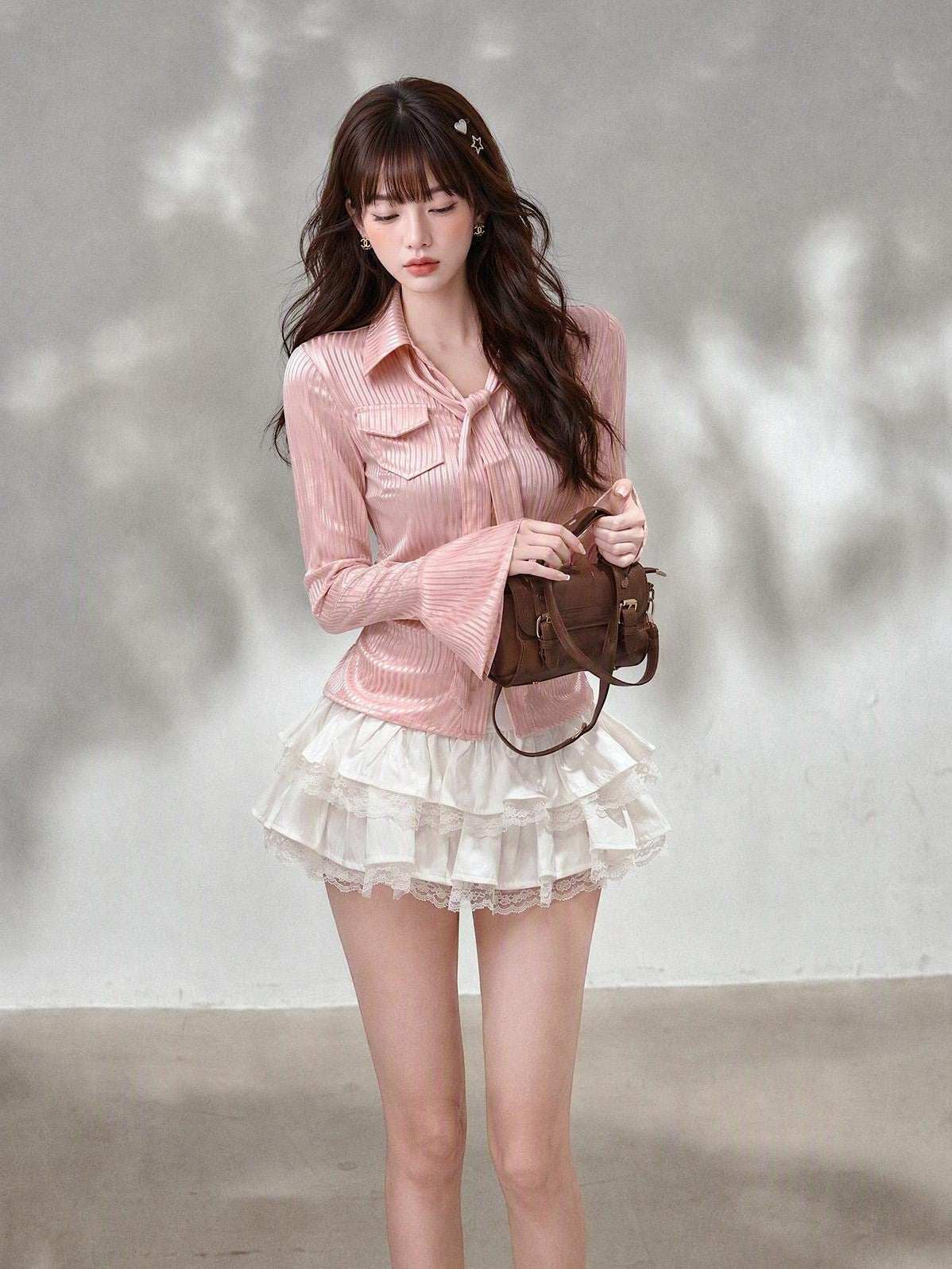 kelly kitty Striped Satin Polo Collar Bell Sleeve Slim Women&