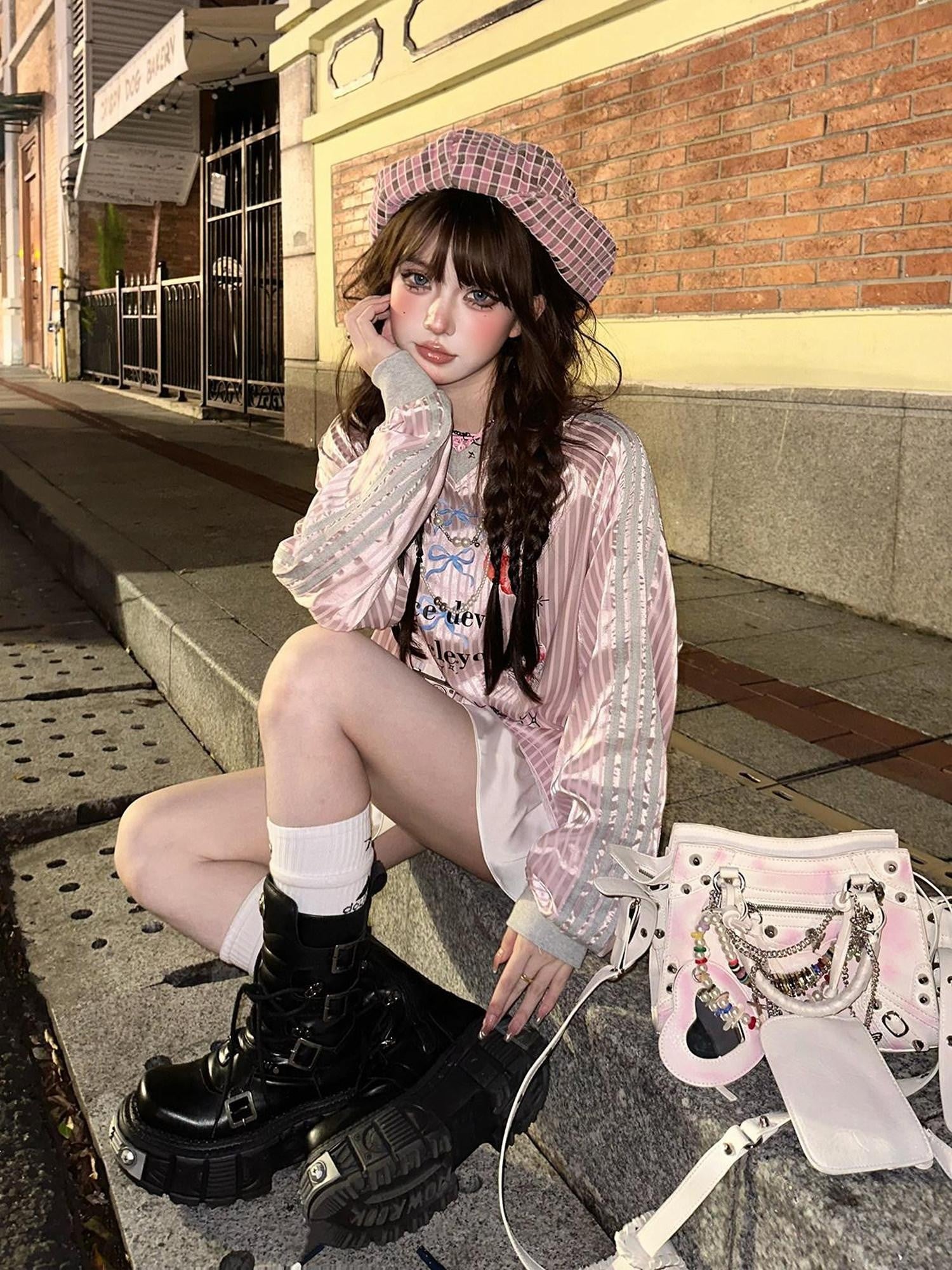 kelly kitty Sweet Relaxed Colorblock Plaid Women&