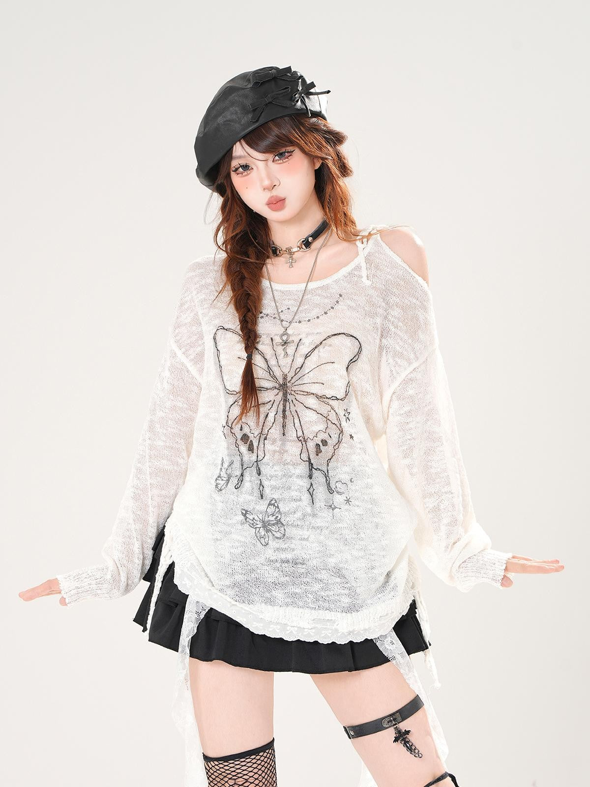kelly kitty Sweet Tassel Openwork Knit Animal Print Women&