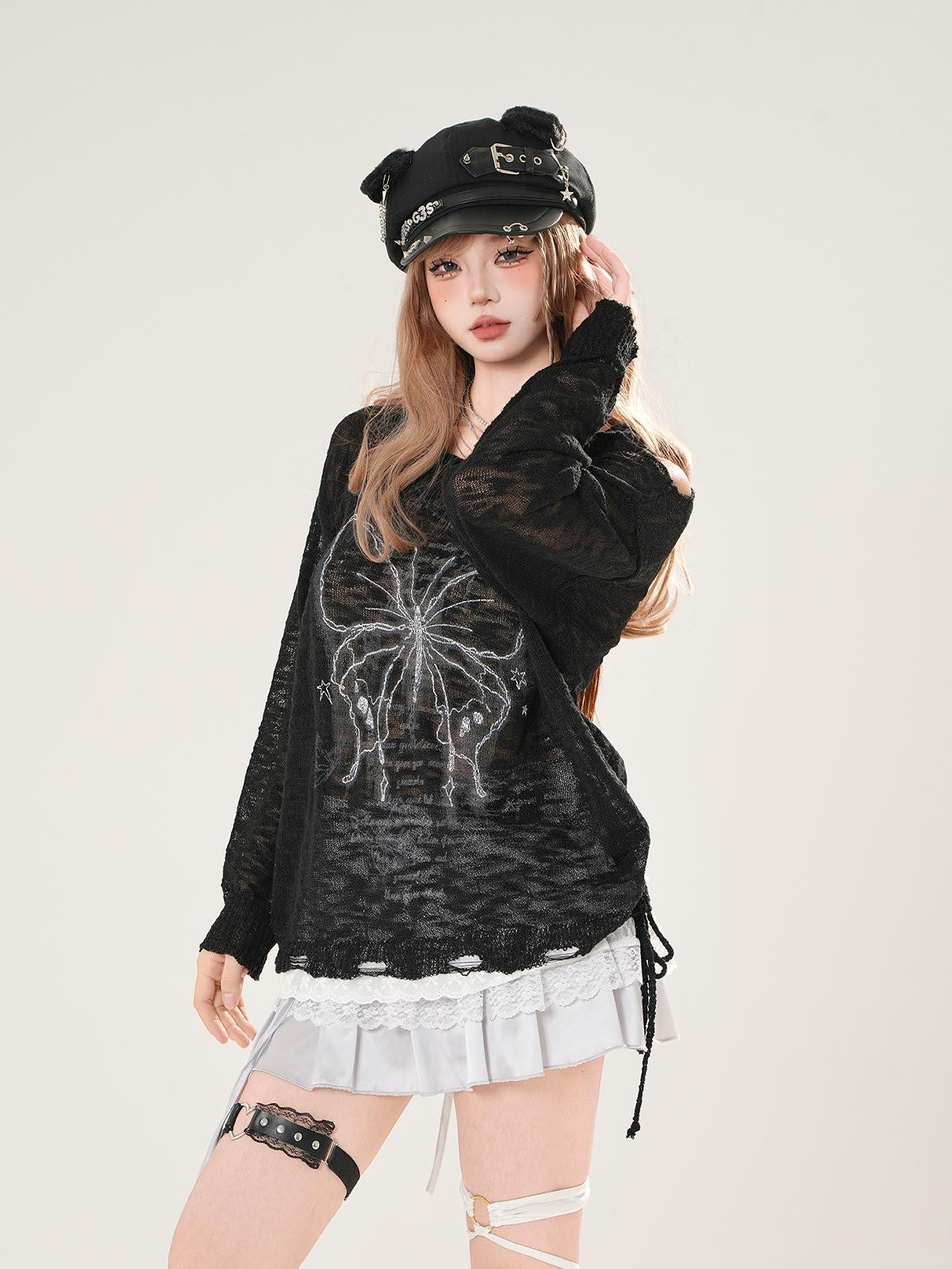 kelly kitty Sweet Tassel Openwork Knit Animal Print Women&