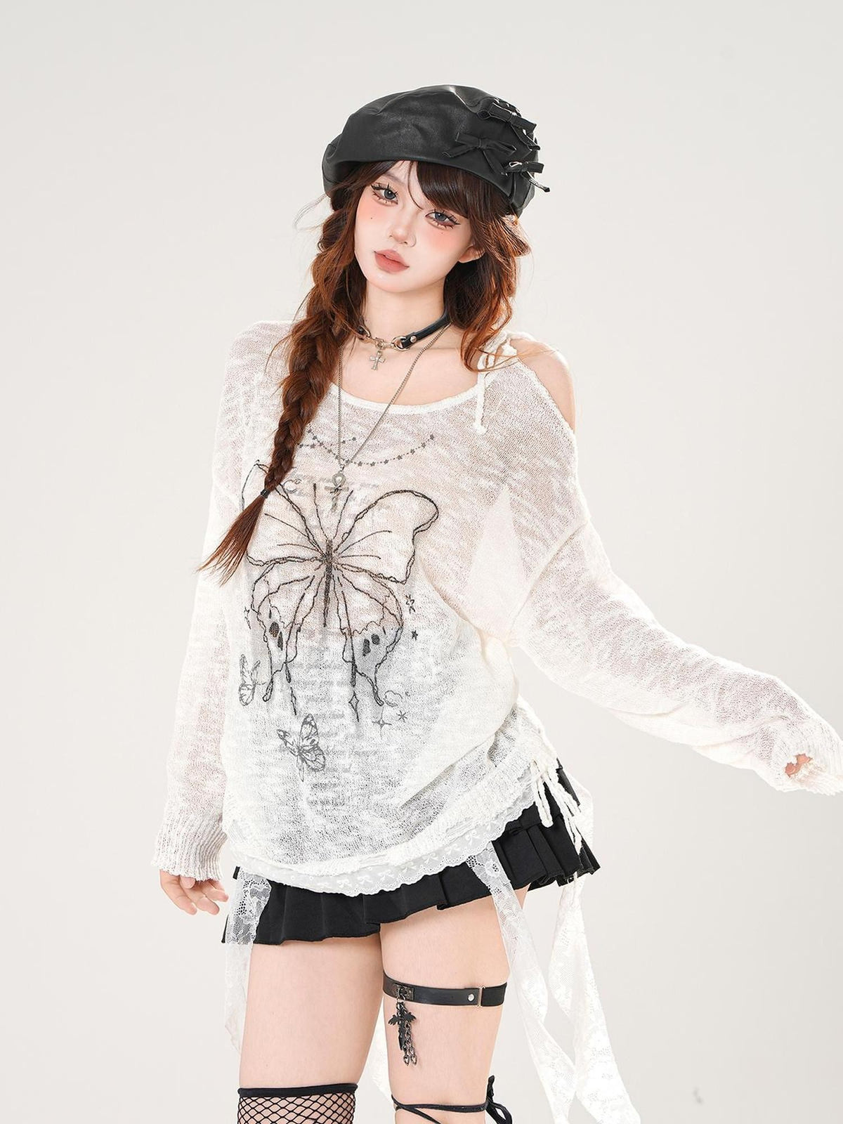 kelly kitty Sweet Tassel Openwork Knit Animal Print Women&