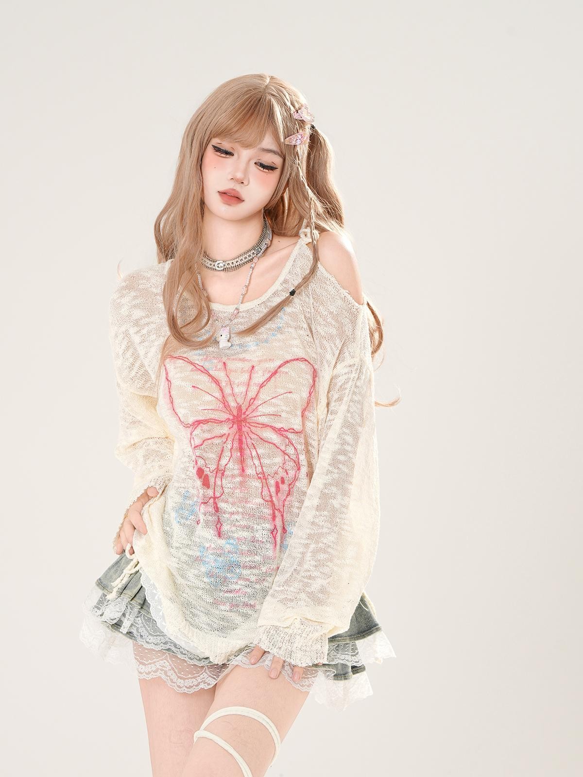 kelly kitty Sweet Tassel Openwork Knit Animal Print Women&