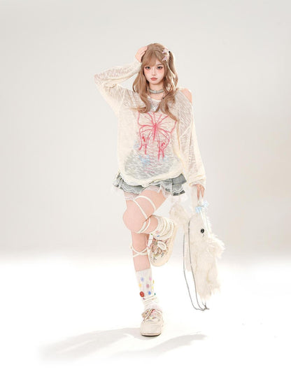 kelly kitty Sweet Tassel Openwork Knit Animal Print Women&