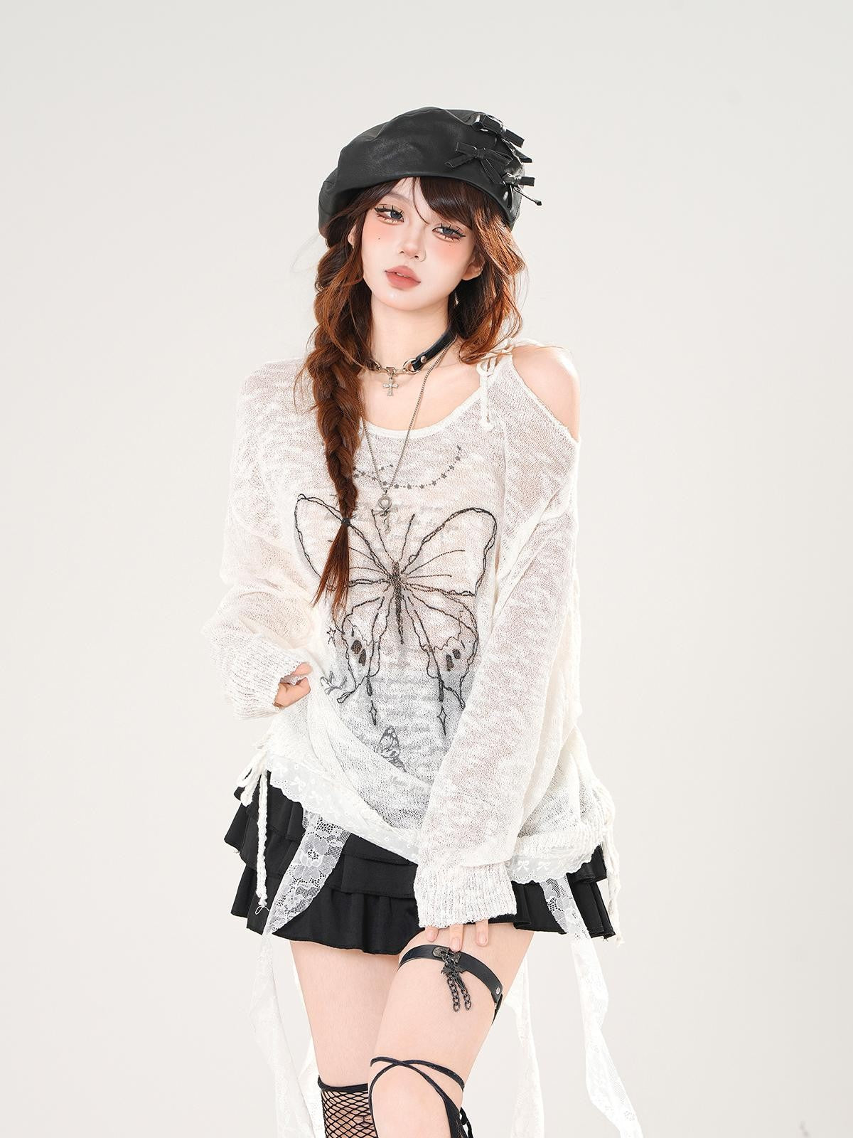 kelly kitty Sweet Tassel Openwork Knit Animal Print Women&