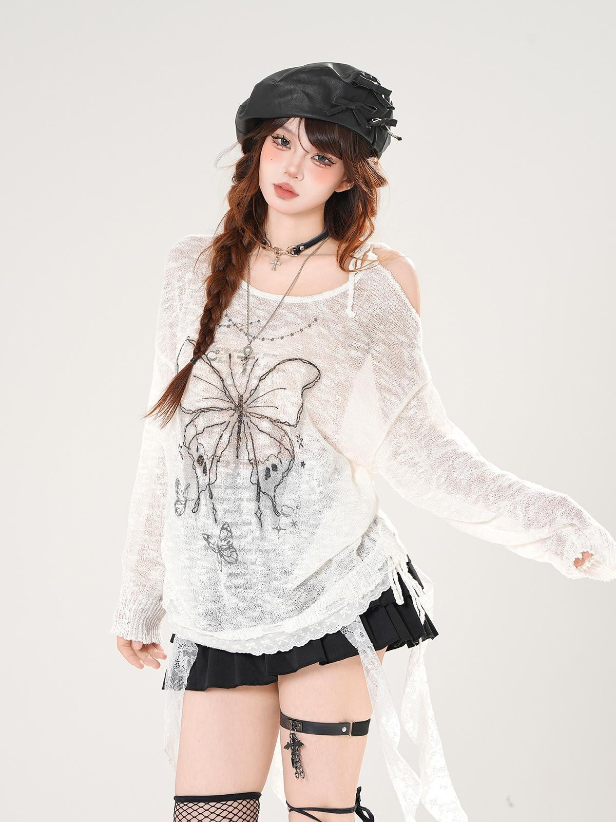 kelly kitty Sweet Tassel Openwork Knit Animal Print Women&