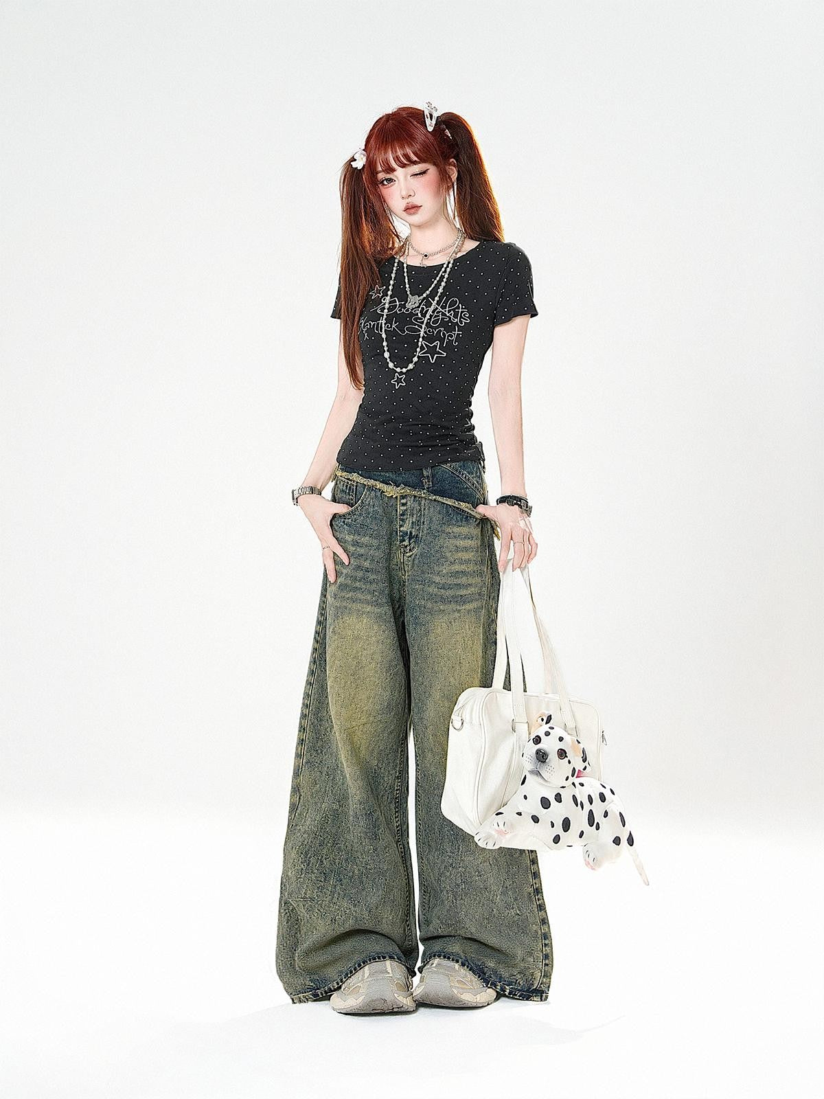 kelly kitty Vintage American Straight Loose High Waist Women&