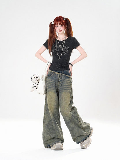 kelly kitty Vintage American Straight Loose High Waist Women&