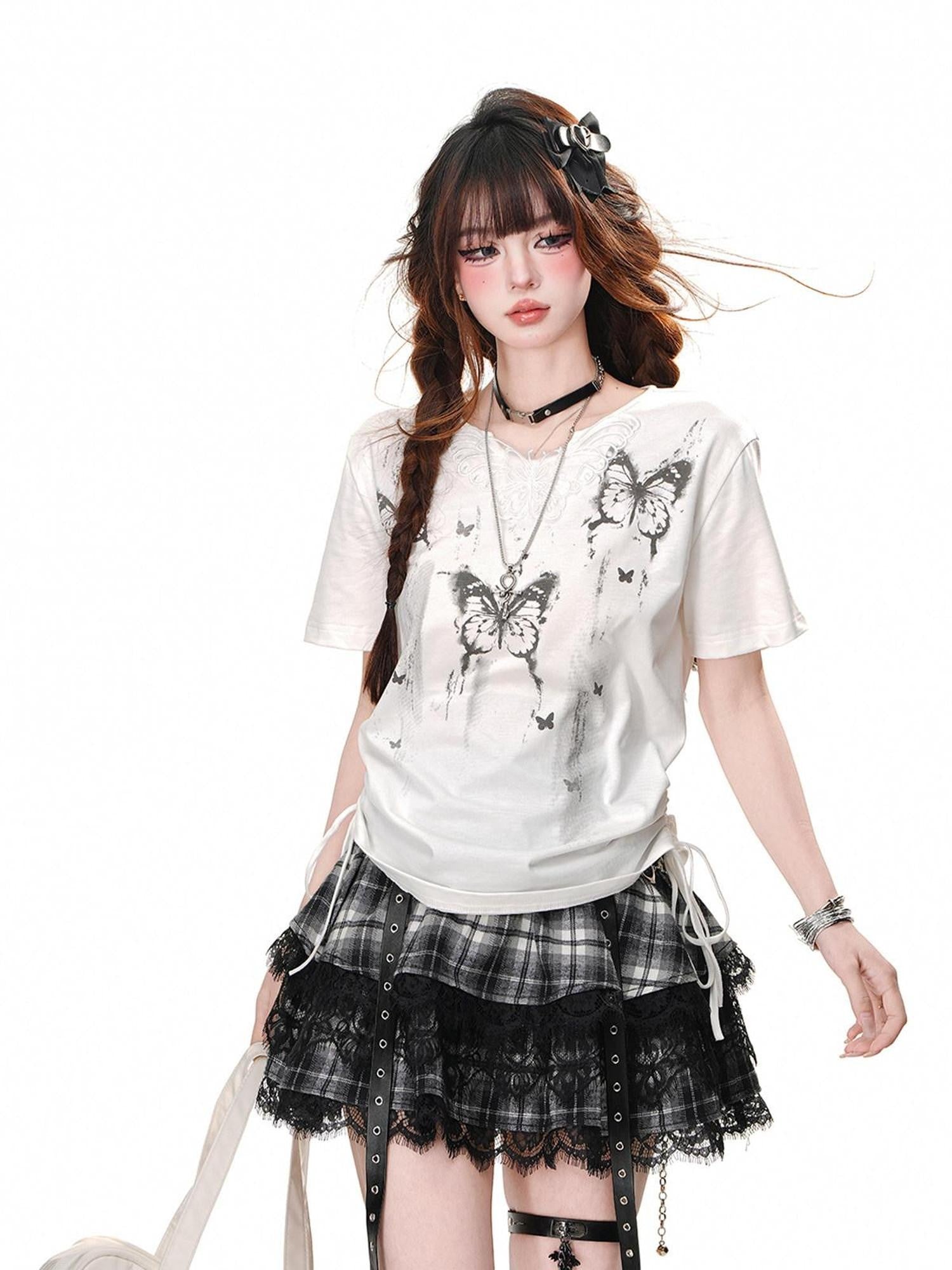 kelly kitty White Butterfly Lace Square Shoulder Slim Fit Women&