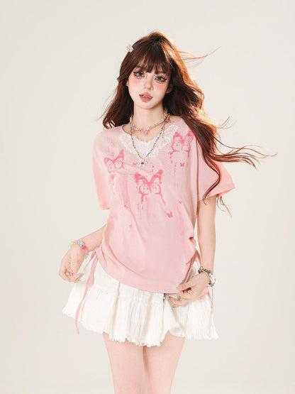 kelly kitty White Butterfly Lace Square Shoulder Slim Fit Women&