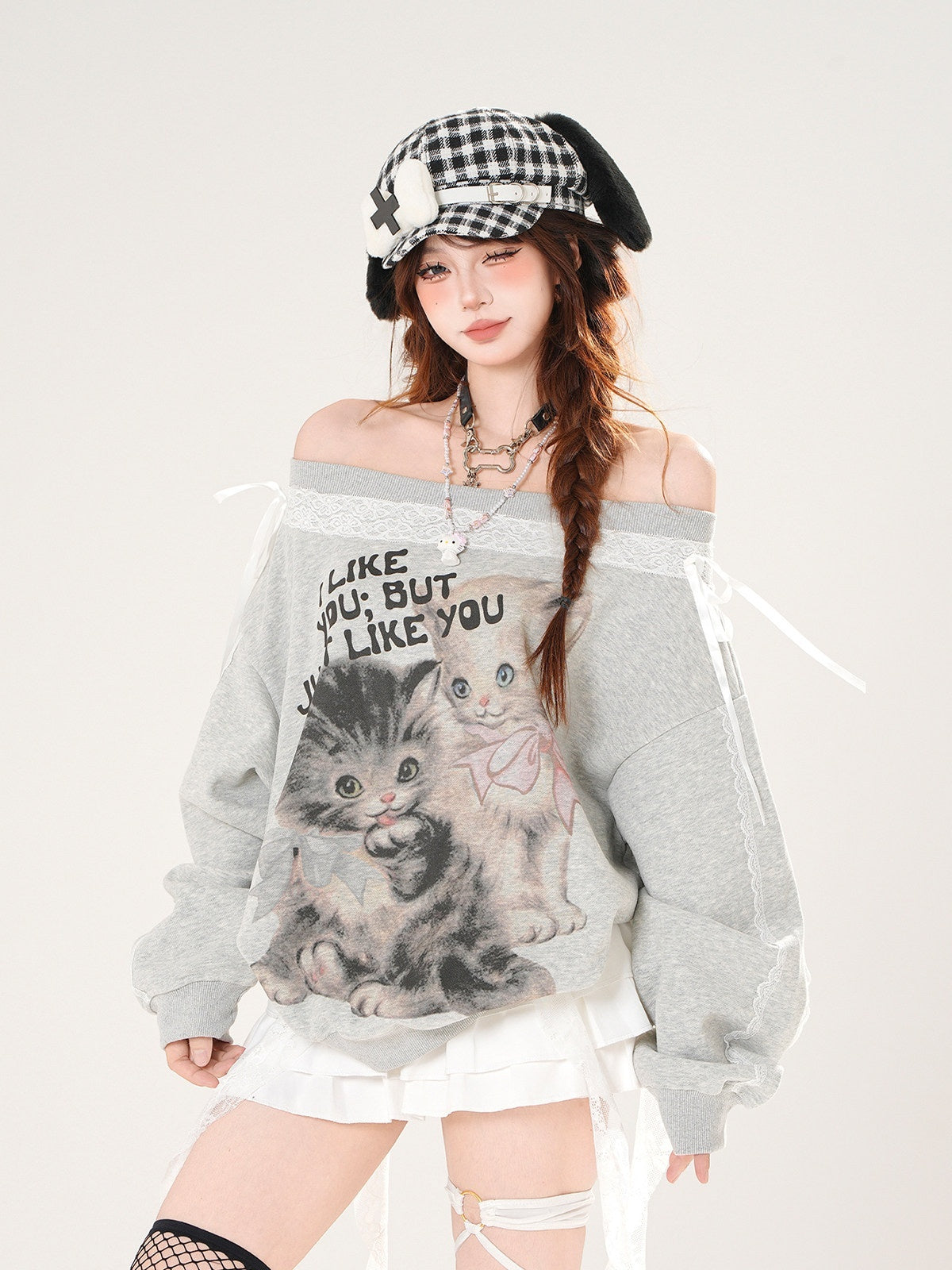 kelly_kitty_White_Lace_Kitten_Asymmetrical_Shoulder_Loose_Slimming_Women&