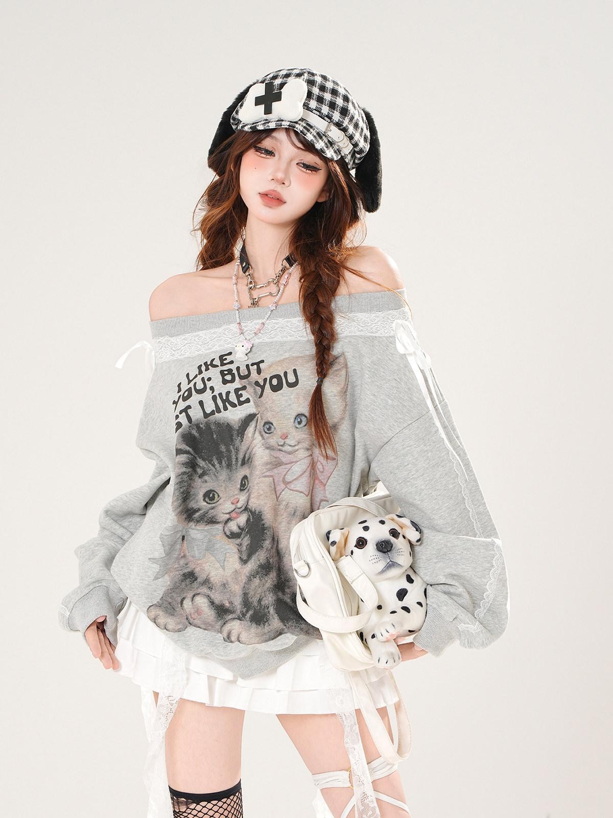 kelly kitty White Lace Kitten Asymmetrical Shoulder Loose Slimming Women&