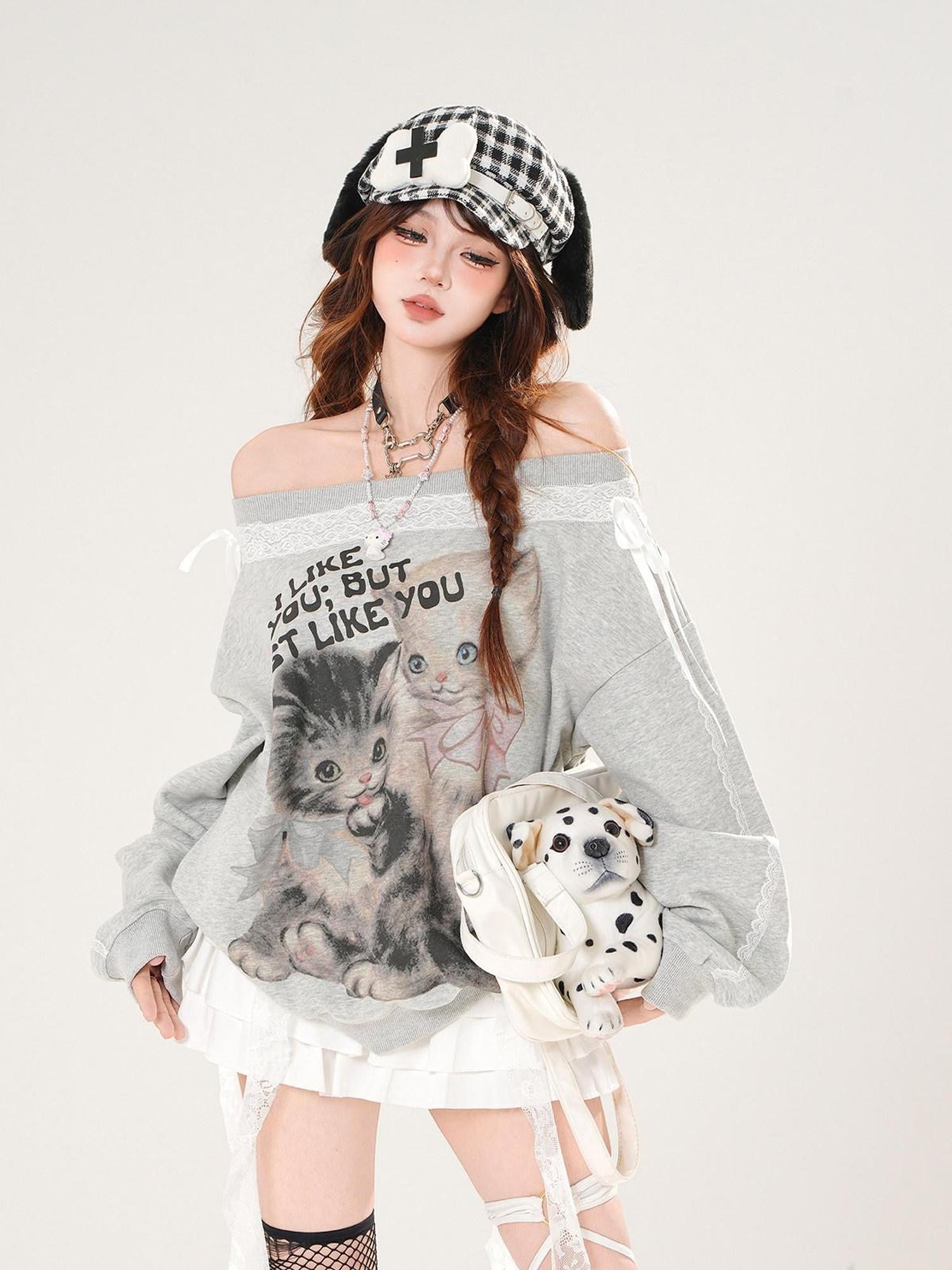 kelly kitty White Lace Kitten Asymmetrical Shoulder Loose Slimming Women&