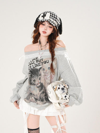 kelly kitty White Lace Kitten Asymmetrical Shoulder Loose Slimming Women&