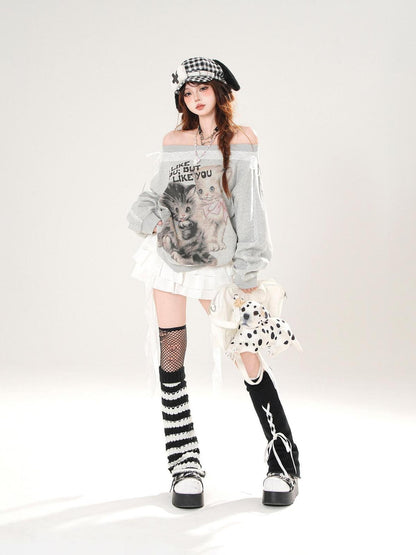 kelly kitty White Lace Kitten Asymmetrical Shoulder Loose Slimming Women&