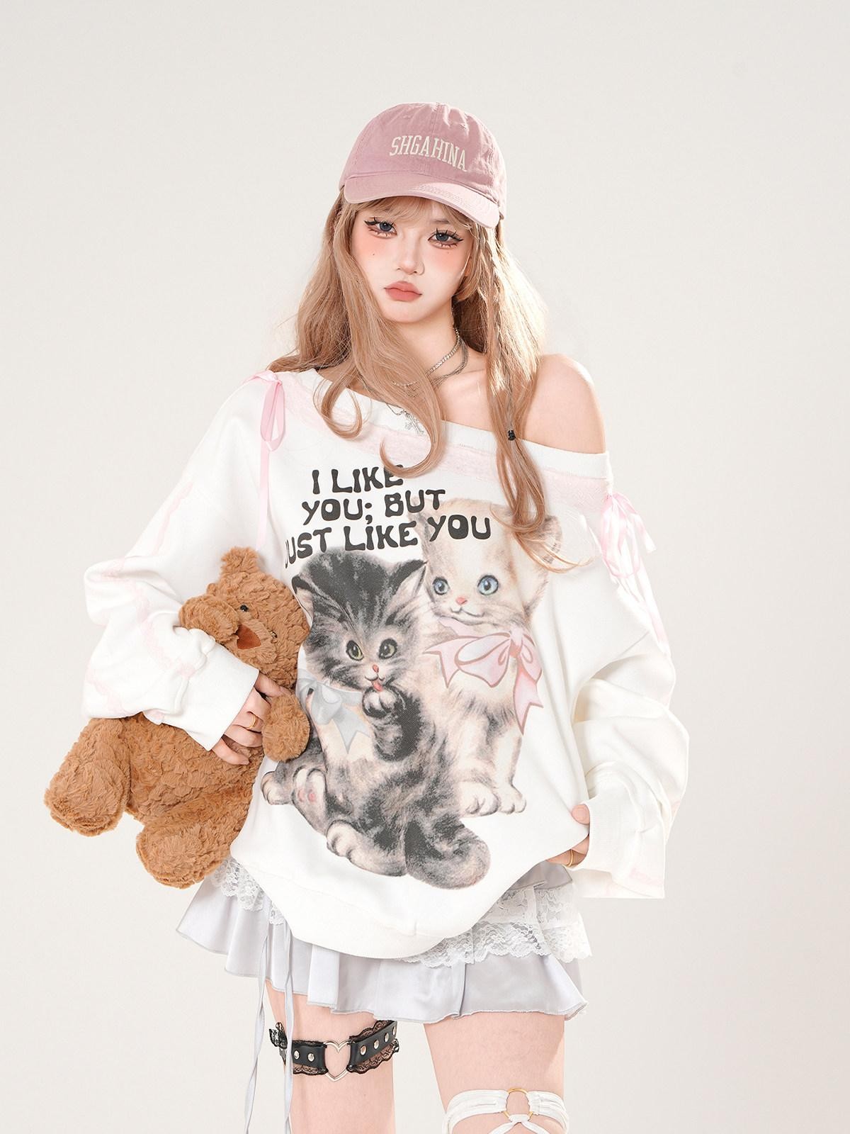kelly kitty White Lace Kitten Asymmetrical Shoulder Loose Slimming Women&