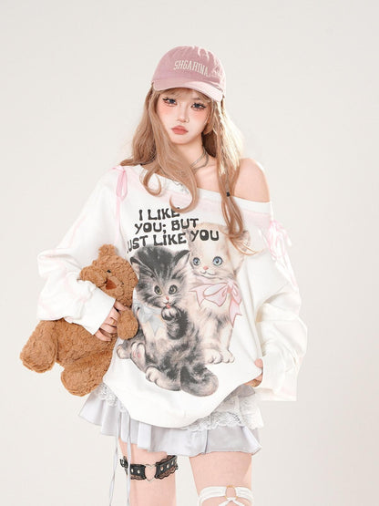 kelly kitty White Lace Kitten Asymmetrical Shoulder Loose Slimming Women&