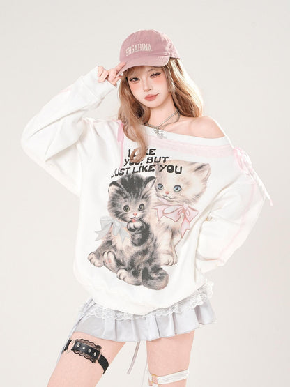 kelly kitty White Lace Kitten Asymmetrical Shoulder Loose Slimming Women&