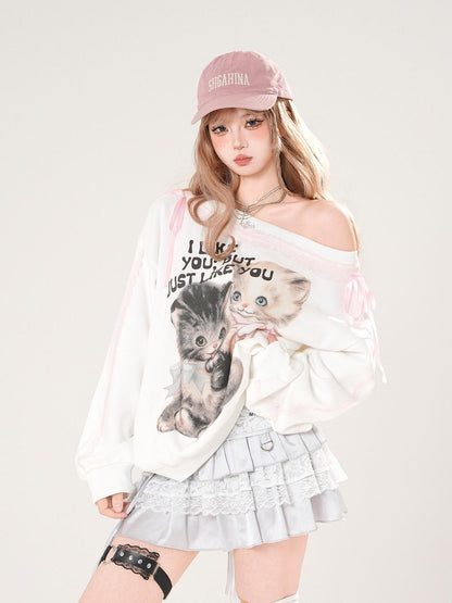 kelly kitty White Lace Kitten Asymmetrical Shoulder Loose Slimming Women&