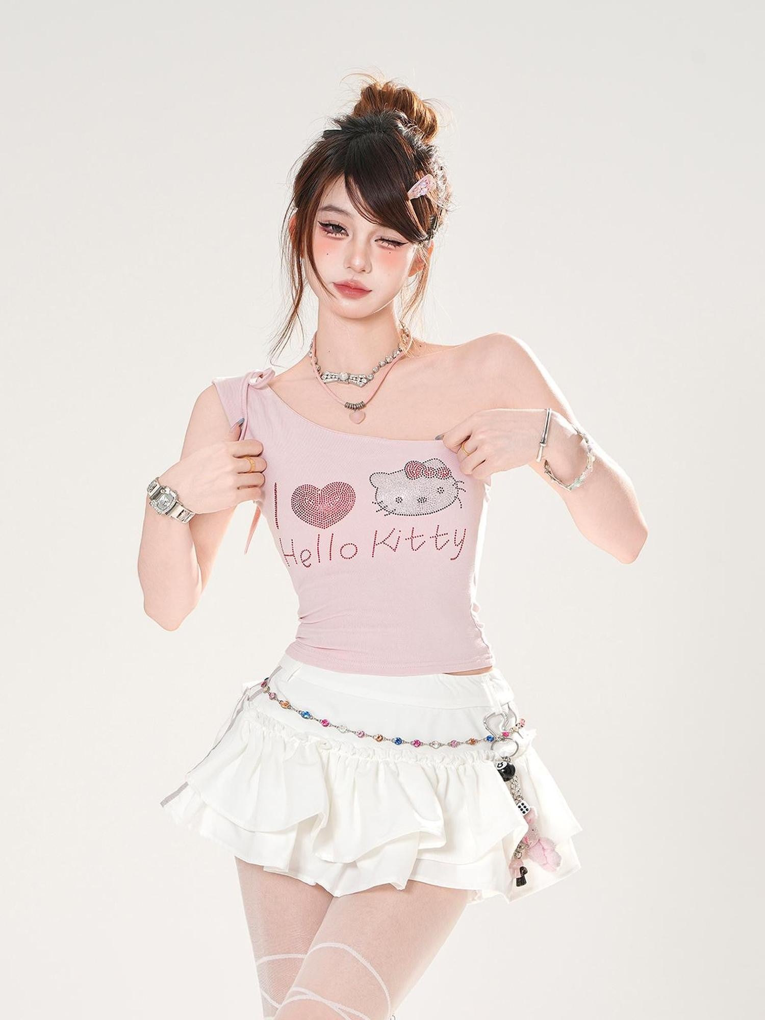 kelly kitty White Letter Print One Shoulder Slim Cropped Women&