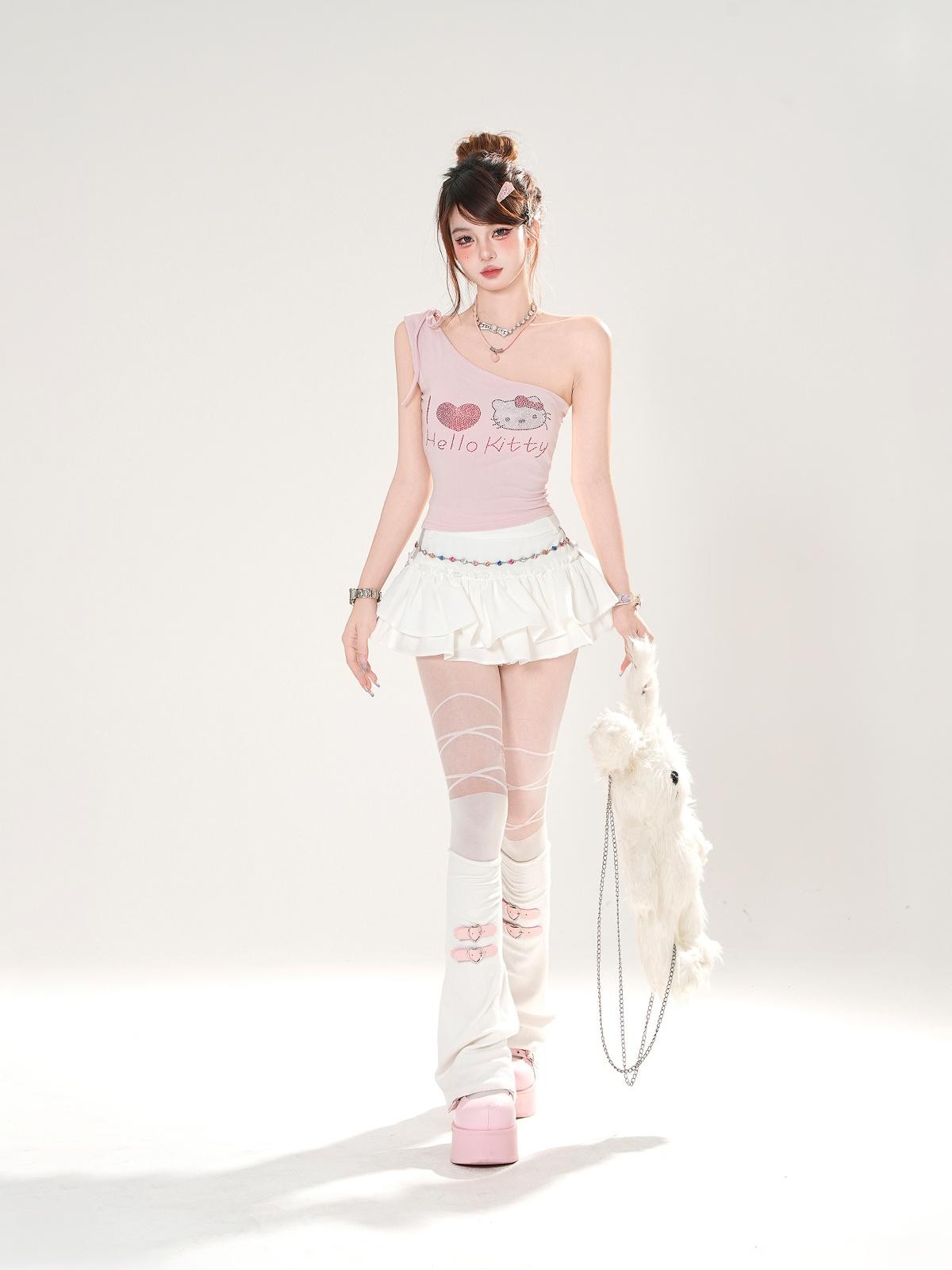 kelly kitty White Letter Print One Shoulder Slim Cropped Women&