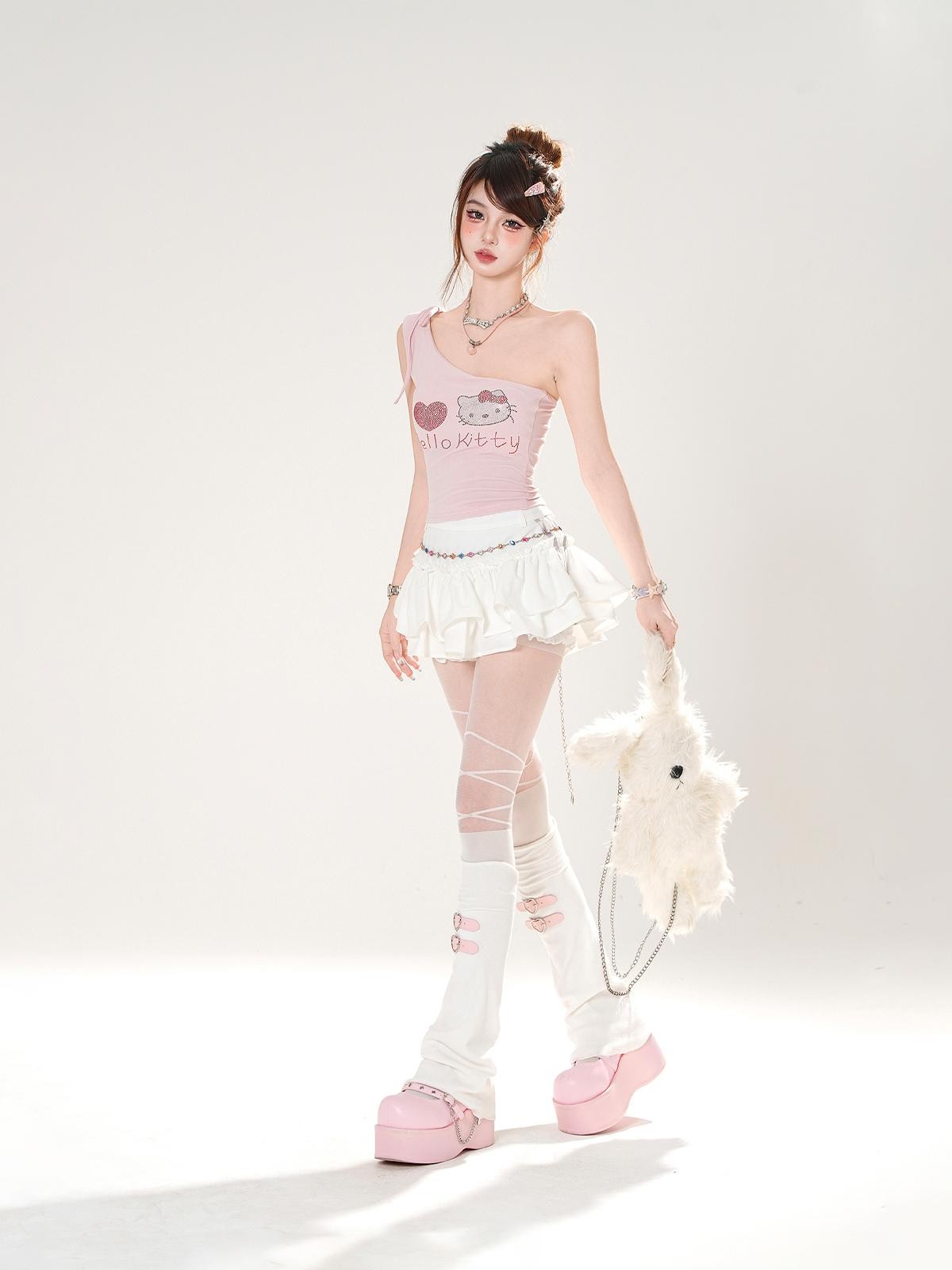 kelly kitty White Letter Print One Shoulder Slim Cropped Women&