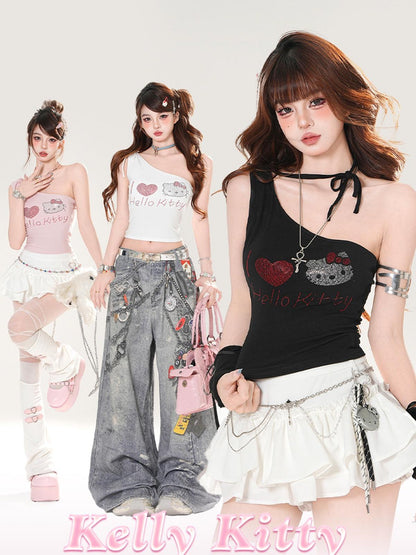 kelly kitty White Letter Print One Shoulder Slim Cropped Women&