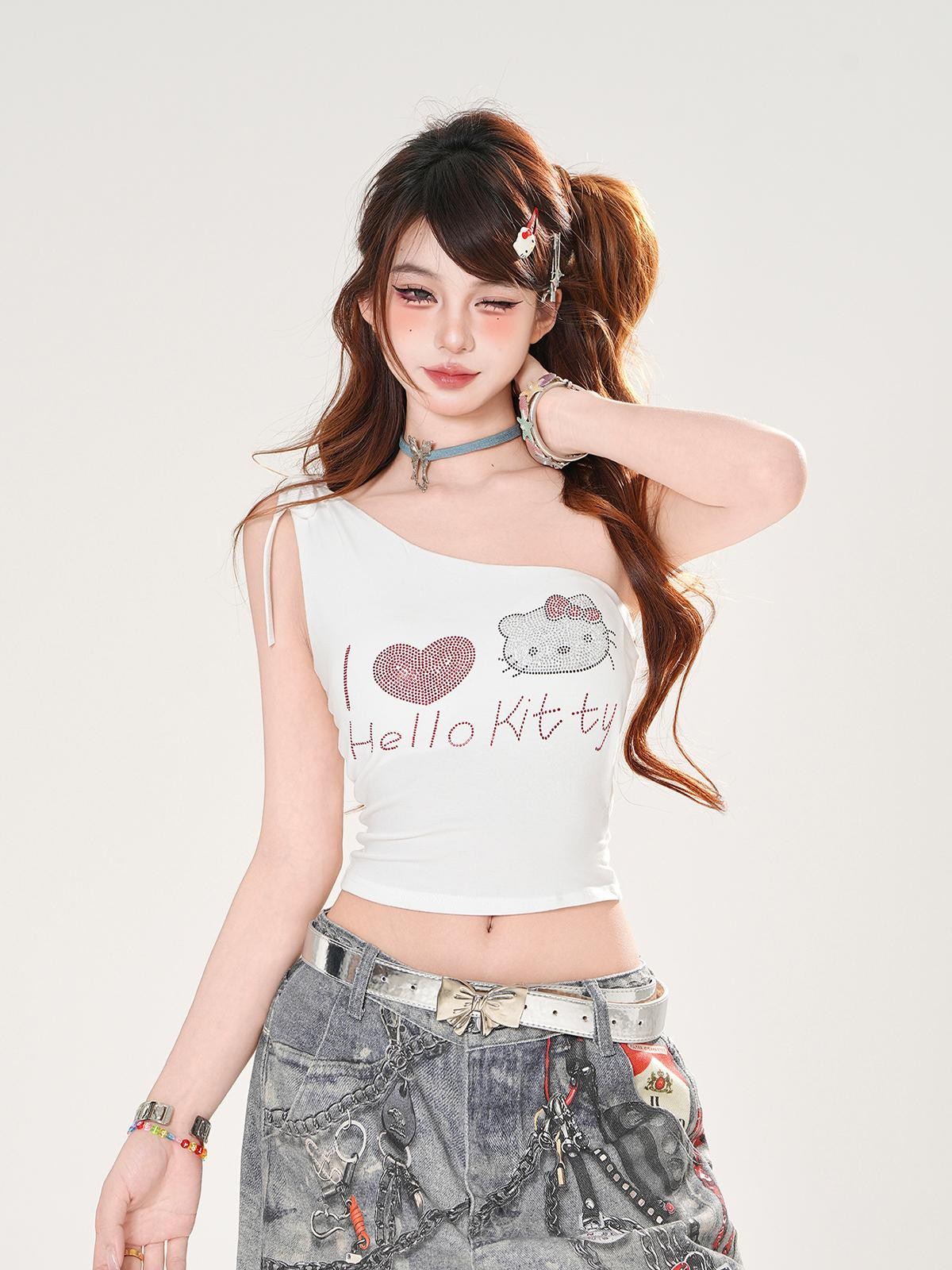kelly kitty White Letter Print One Shoulder Slim Cropped Women&