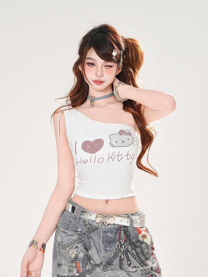 kelly kitty White Letter Print One Shoulder Slim Cropped Women&