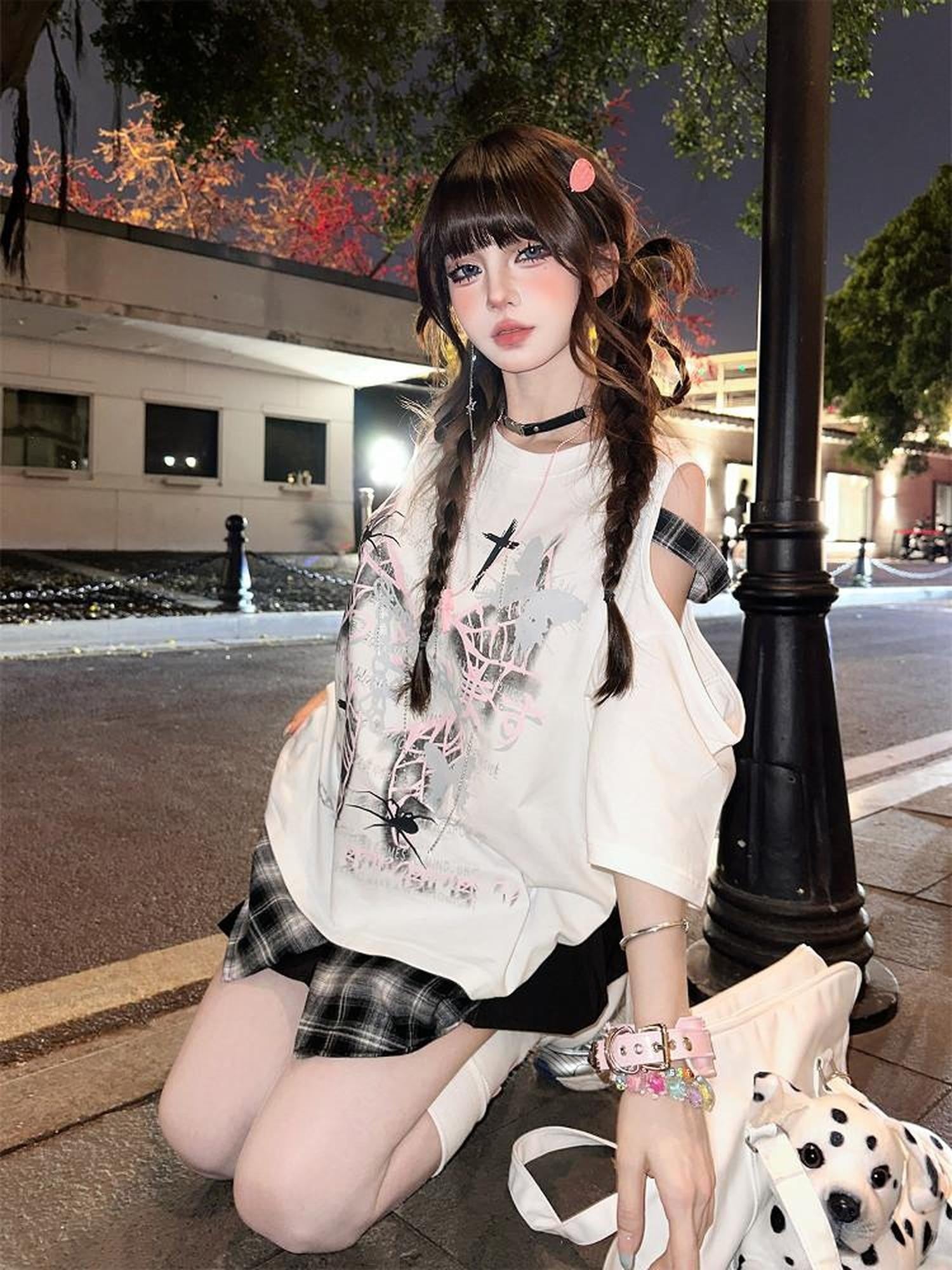 kelly kitty White Rebel Hunter Print American Style Short Sleeve Women&