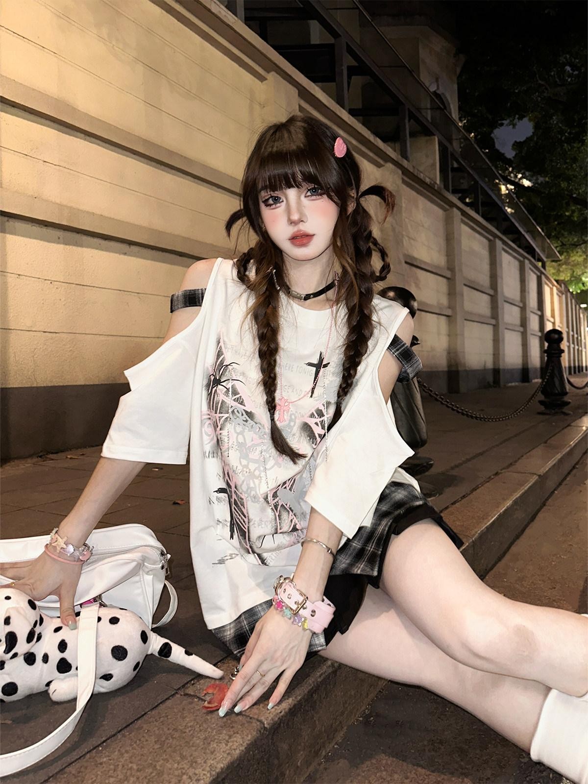 kelly kitty White Rebel Hunter Print American Style Short Sleeve Women&