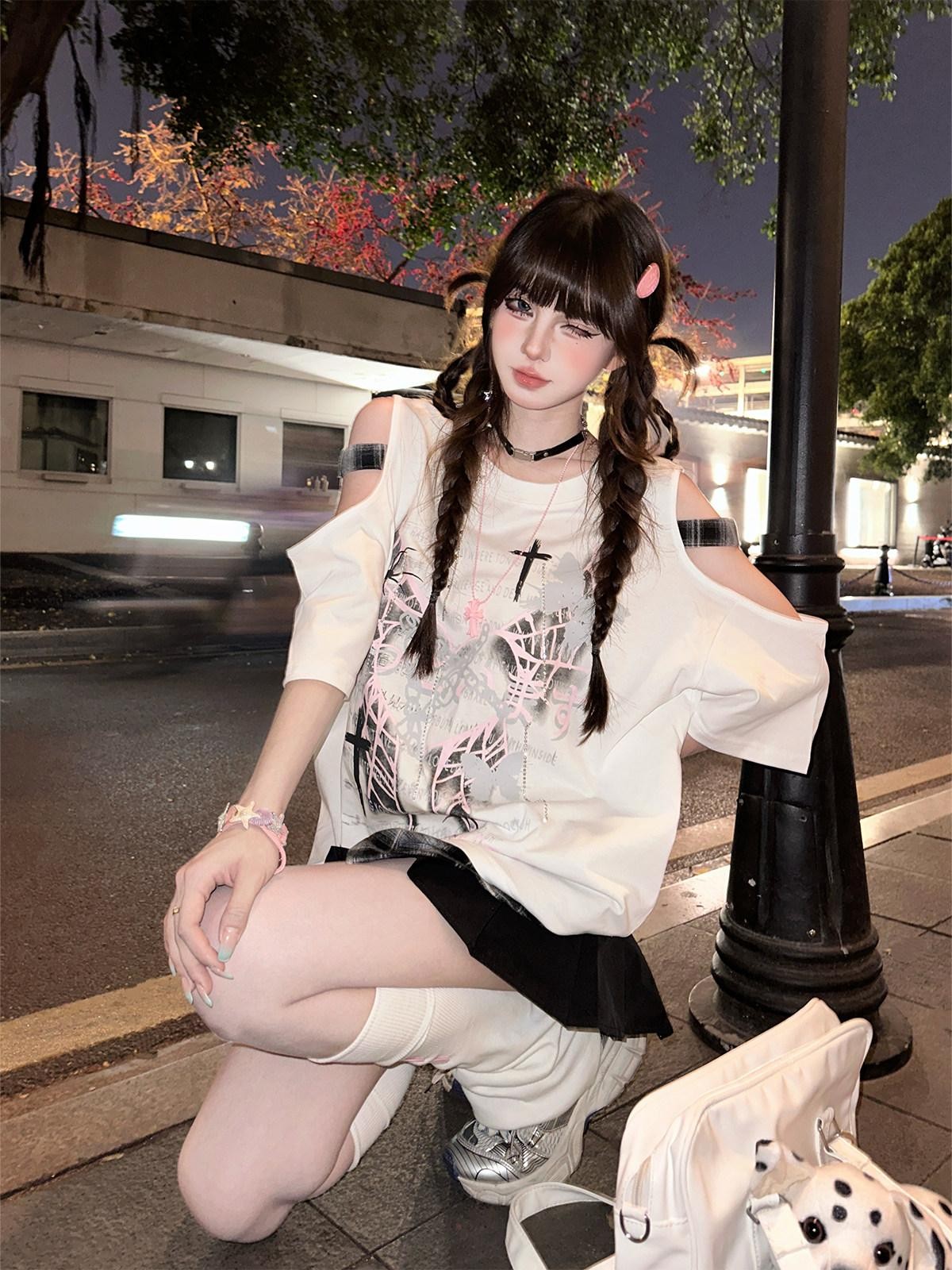 kelly kitty White Rebel Hunter Print American Style Short Sleeve Women&