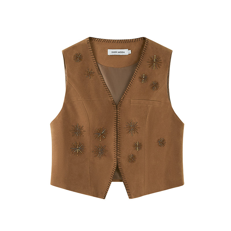 DIDDI MODA Vintage Beaded Pu Vest With Fur Collar