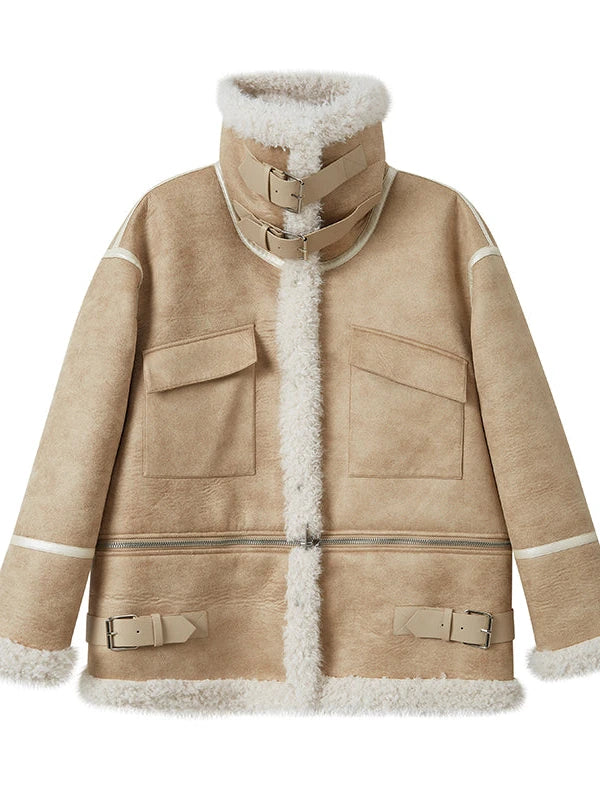 Detachable Reversible Faux Leather Shearling Coat With Oversized Collar