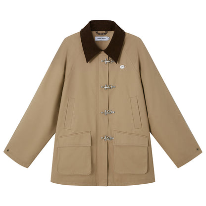 DIDDI MODA Foldable Cuff Metal Button Trench Coat With Corduroy Panels