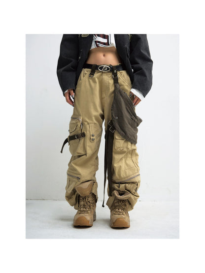 Peoplesense Detachable Utility Cargo Pants Loose Fit Cotton Khaki AW24