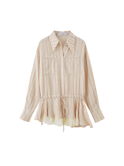 DIDDI MODA Vintage Lace Hem Drawstring Shirt Relaxed Fit