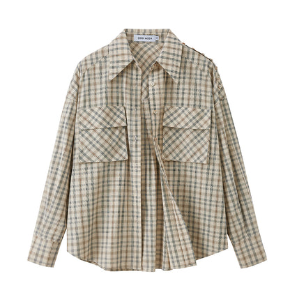 DIDDI MODA Oversized Checkered Off Shoulder Shirt With Layered Pockets