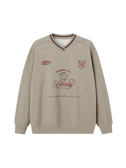 DIDDI MODA Retro Sporty V Neck Colorblock Sweatshirt