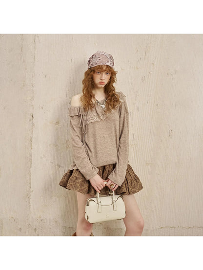 Lace Paneled Ruffle Knit Top