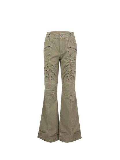 Vintage Washed Work Pants Flared Fit Mid Waist Four Seasons